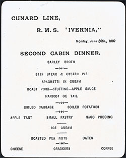 Menu Card - Dinner Menu, Cunard Line RMS Ivernia 30 June 1902