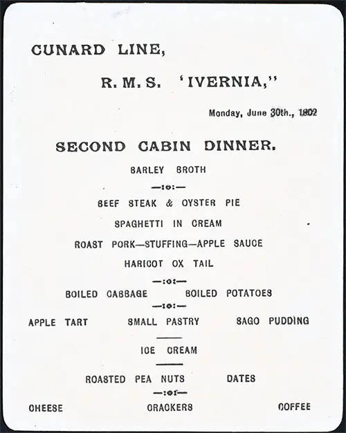 Front Side of a Vintage Dinner Menu Card From Monday, 30 June 1902 on Board the RMS Ivernia of the Cunard Line.