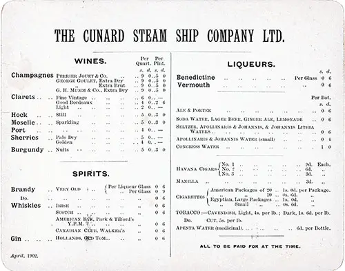 April 1902 Wine, Liqueur, and Spirits Menu Card From the Cunard Line