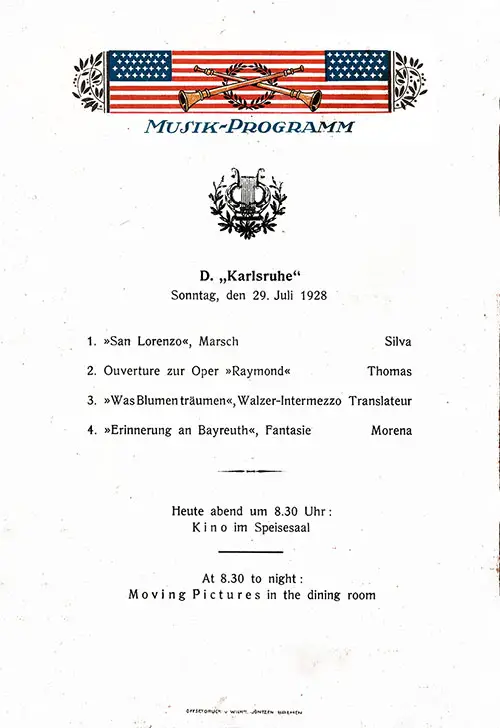 Music Program, SS Karlsruhe Dinner Menu - 29 July 1928