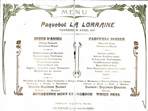 Beautiful Graphics Surround the Menu Selections Written in French and English in This Vintage Farewell Dinner Menu From 26 April 1907