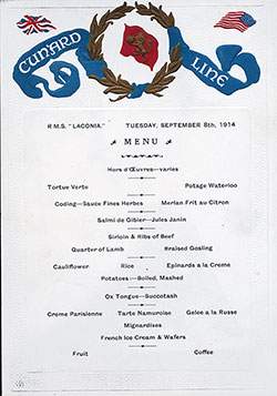 Menu Card - Dinner Bill of Fare RMS Laconia 8 September 1914