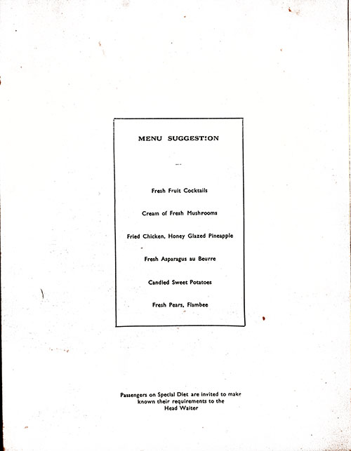 Chef's Suggestions, RMS Lancastria Dinner Menu - 7 May 1939