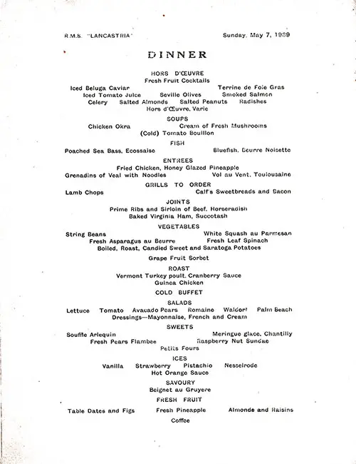 Menu Items, RMS Lancastria Dinner Menu - 7 May 1939
