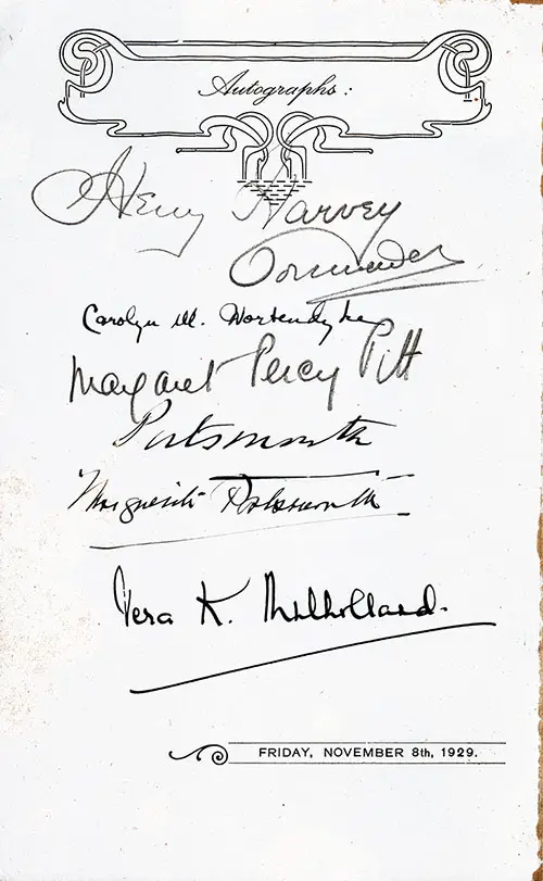 Autographs, SS Lapland Farewell Dinner Menu 8 November 1929