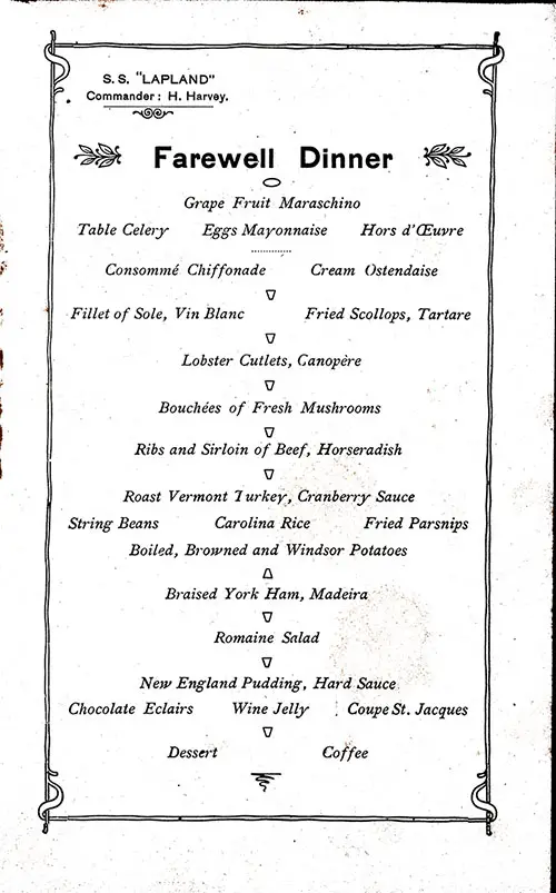 Menu Items, SS Lapland Farewell Dinner Menu 8 November 1929