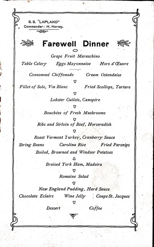 Menu Items, SS Lapland Farewell Dinner Menu, 8 November 1929.