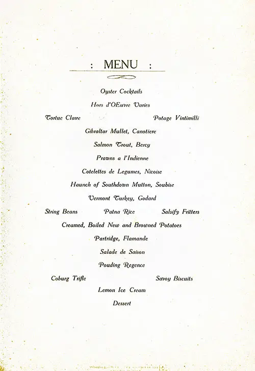 Menu Items for a Gala Dinner Menu, White Star Line SS Laurentic, 1928