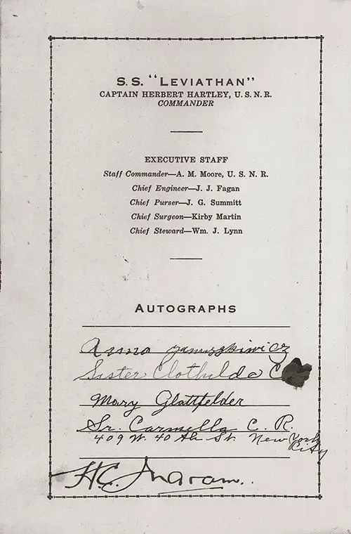 List of Senior Officers and Autographs, Farewell Dinner Menu, PLClass Class on the SS Leviathan of the United States Lines, Sunday, 26 September 1926.