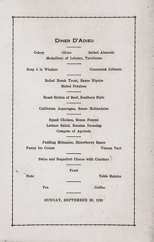 Menus Selections, Farewell Dinner Menu, PLClass Class on the SS Leviathan of the United States Lines, Sunday, 26 September 1926.