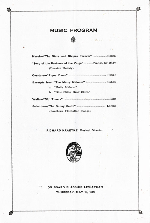 Music Program From This Vintage Farewell Dinner Menu From 10 May 1928 Onboard the SS Leviathan of the United States Lines.