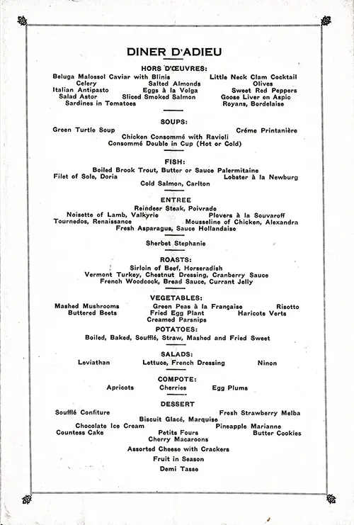 Menu Item Selections From This Vintage Farewell Dinner Menu From 10 May 1928 Onboard the SS Leviathan of the United States Lines.
