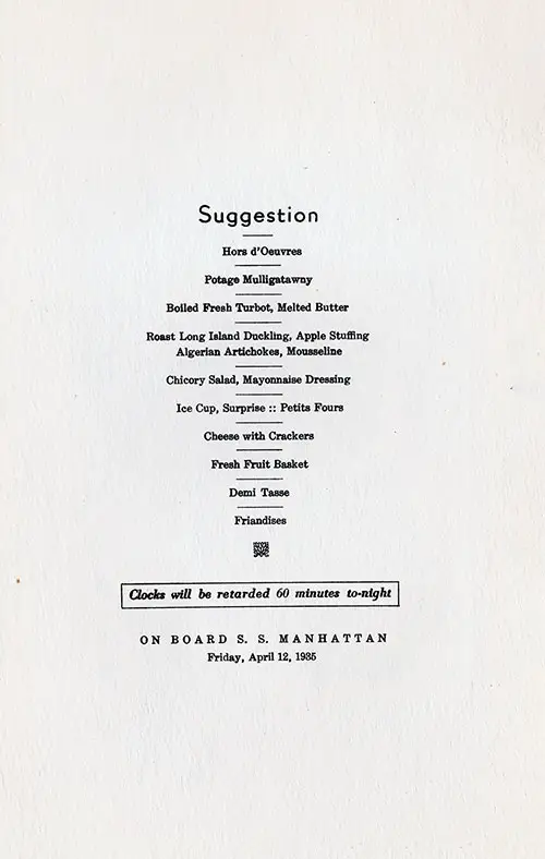 Chef's Suggestions, SS Manhattan Dinner Menu - 12 April 1935