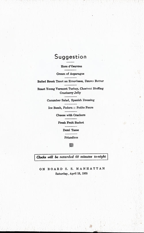 Chef's Suggestions, SS Manhattan Dinner Menu - 13 April 1935