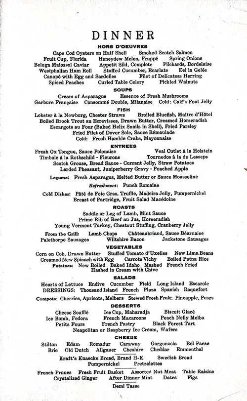 Menu Items, SS Manhattan Dinner Menu - 13 April 1935