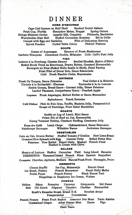 Menu Items, SS Manhattan Dinner Menu, 13 April 1935.