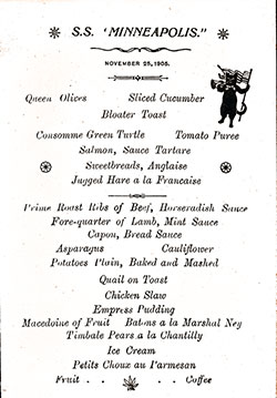 SS Minneapolis Dinner Menu Card - 25 November 1905