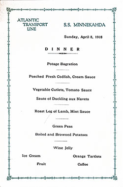 Menu Card for a Dinner Menu, Atlantic Transport Line SS Minnekahda - 1928