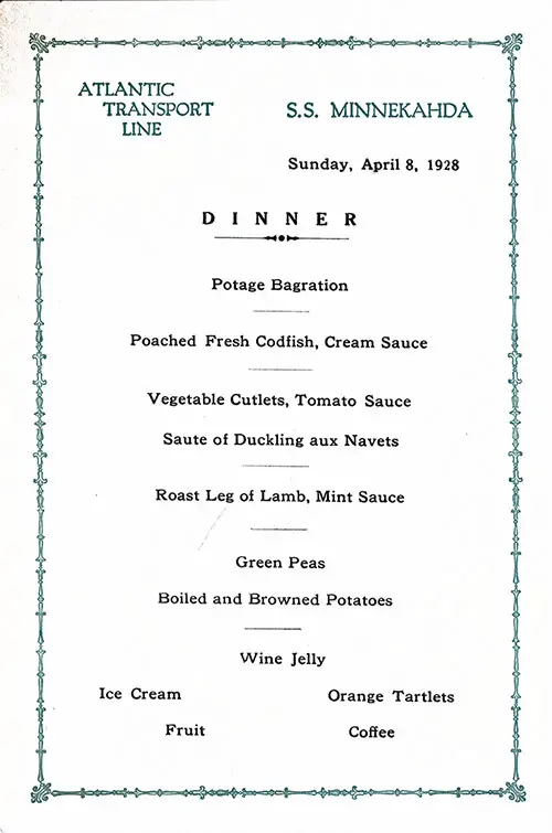 Menu Card for a Dinner Menu, Atlantic Transport Line SS Minnekahda - 1928