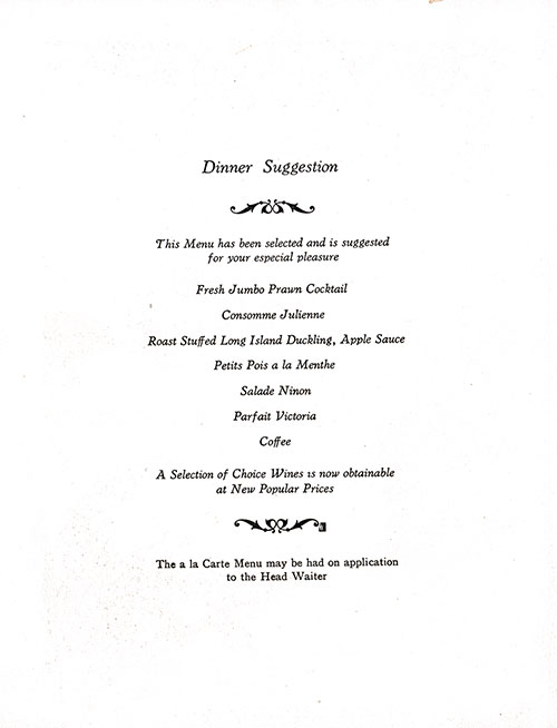 Chef's Suggestions, SS Monarch of Bermuda Dinner Menu - 18 September 1938
