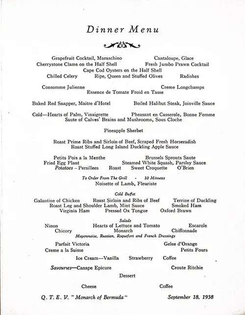 Menu Items, SS Monarch of Bermuda Dinner Menu - 18 September 1938