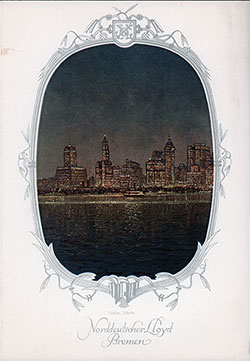 New York Skyline on the Front Cover, Dinner Menu, on the SS Stuttgart of the Norddeutscher Lloyd/North German Lloyd, Thursday, 12 June 1930.