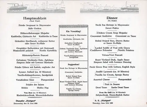 Dinner Menu Items on the SS Stuttgart of the Norddeutscher Lloyd/North German Lloyd, Thursday, 12 June 1930.