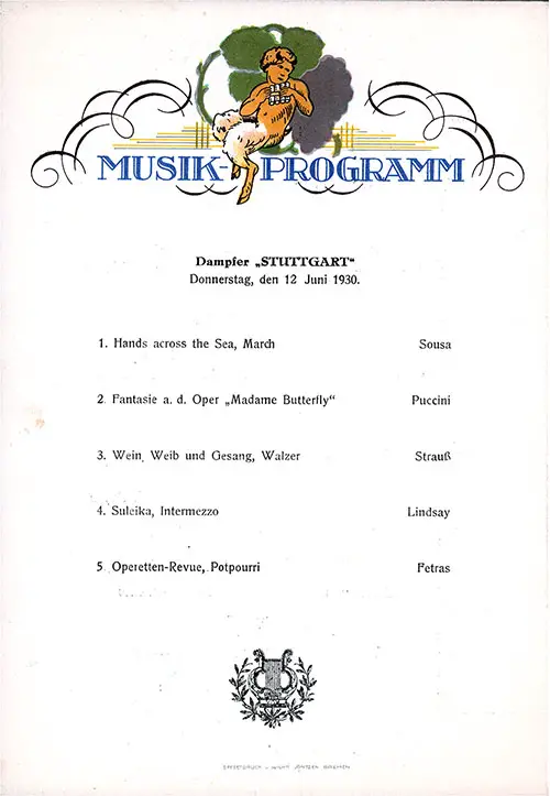 Music Program on the Back Cover of the Dinner Menu, on the SS Stuttgart of the Norddeutscher Lloyd/North German Lloyd, Thursday, 12 June 1930.