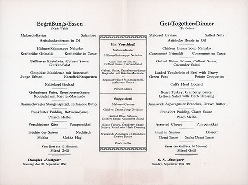 Menu Items, Get-Together Dinner Menu, on the SS Stuttgart of the North German Lloyd, Sunday, 28 September 1930.