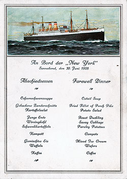 Front Cover, SS NewYork Farewell Dinner Bill of Fare Postcard - 30 June 1928