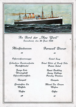 Front Cover, SS NewYork Farewell Dinner Menu Postcard - 30 June 1928