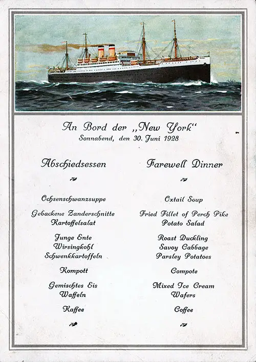 Front Cover, SS NewYork Farewell Dinner Bill of Fare Postcard - 30 June 1928