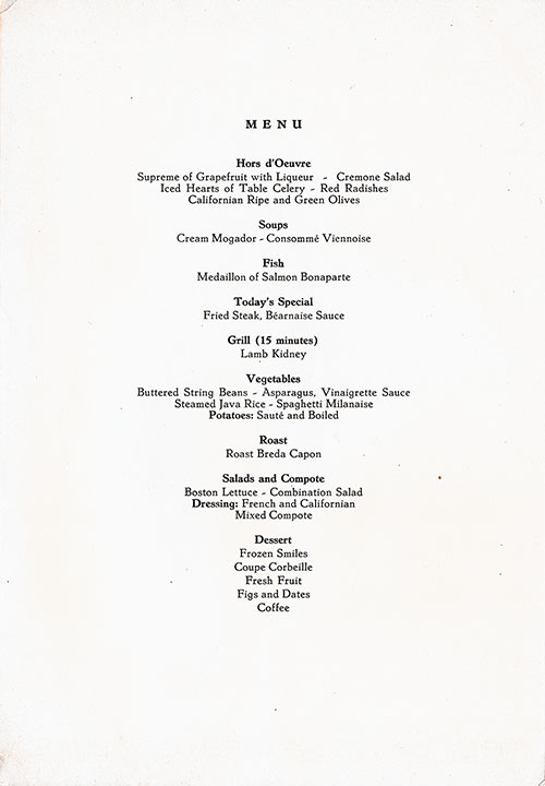 Farewell Dinner Menu Items, SS Nieuw Amsterdam, 23 May 1951.