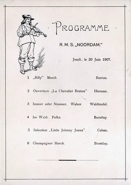 Music Program, Holland America Line RMS Noordam, 1907.