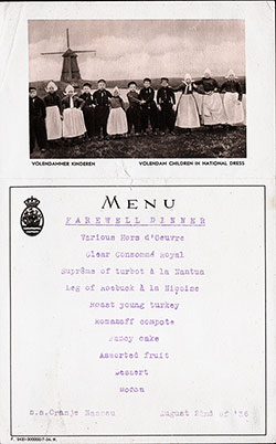 Front Cover - SS Oranje Nassau Farewell Dinner Bill of Fare - 22 August 1926