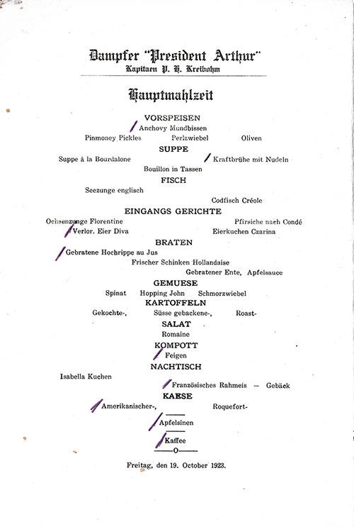 Menu Items in German, Vintage Dinner Menu from Friday, 19 October 1923 on Board the SS President Arthur of the United States Lines.