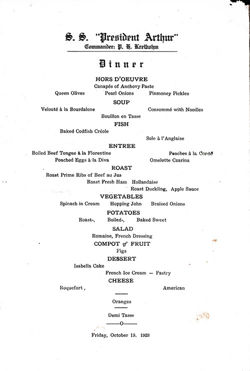 Menu Items, Vintage Dinner Menu from Friday, 19 October 1923 on Board the SS President Arthur of the United States Lines.