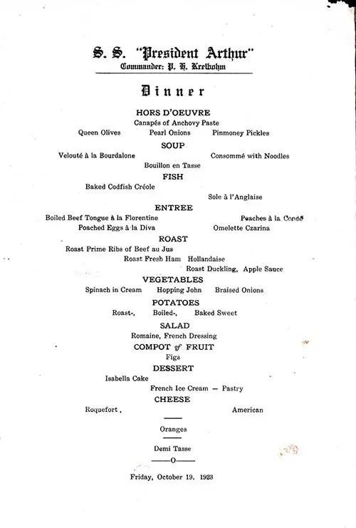 Menu Items, Vintage Dinner Menu from Friday, 19 October 1923 on Board the SS President Arthur of the United States Lines.