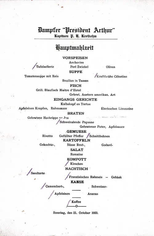 Menu Items in German, Vintage Dinner Menu From Sunday, 21 October 1923 on Board the SS President Arthur of the United States Lines.