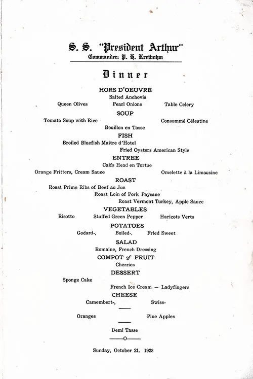 Menu Items, Vintage Dinner Menu From Sunday, 21 October 1923 on Board the SS President Arthur of the United States Lines.