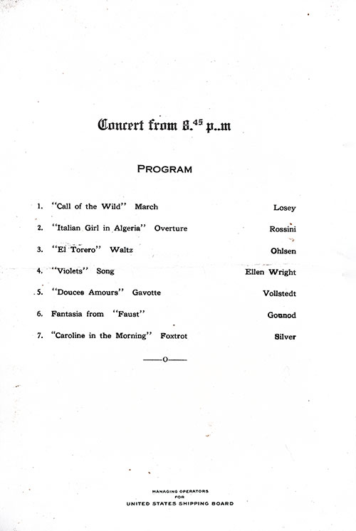 Music Concert Program Included with Vintage Dinner Menu From Sunday, 21 October 1923 on Board the SS President Arthur of the United States Lines.