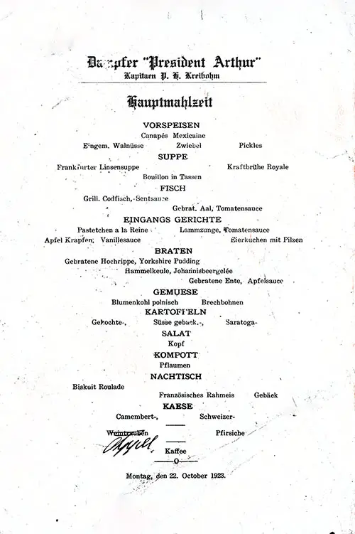Menu Items in German, Vintage Dinner Menu From Monday, 22 October 1923 on Board the SS President Arthur of the United States Lines.