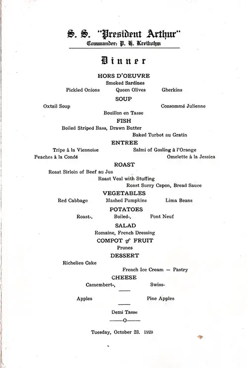 Menu Items, Vintage Dinner Menu From Tuesday, 23 October 1923 on Board the SS President Arthur of the United States Lines.