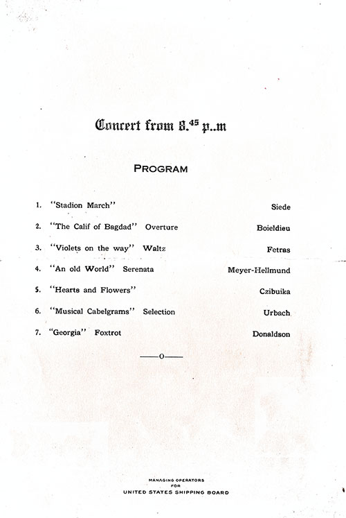 Music Concert Program Included with Dinner Menu From Tuesday, 23 October 1923 on Board the SS President Arthur of the United States Lines.