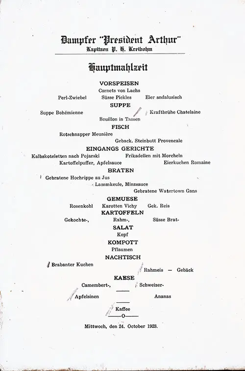 Menu Items in German, Vintage Dinner Menu From Wednesday, 24 October 1923 on Board the SS President Arthur of the United States Lines.