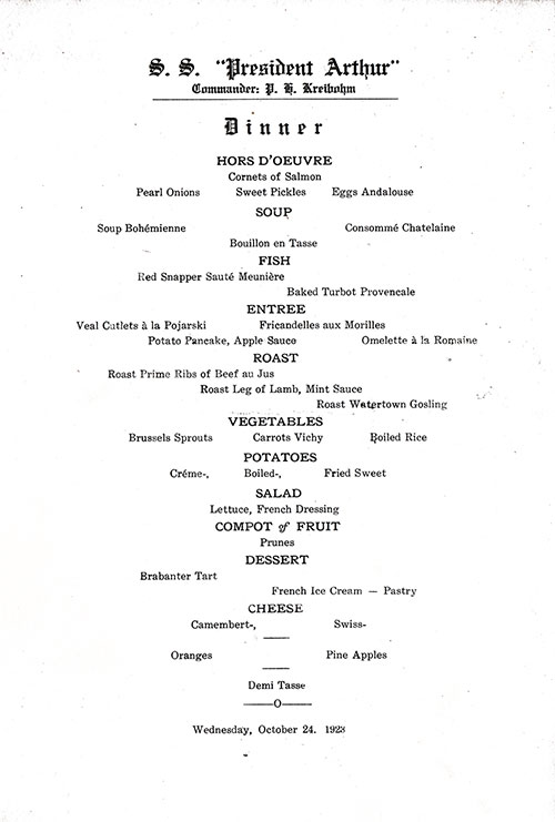 Menu Items, Vintage Dinner Menu From Wednesday, 24 October 1923 on Board the SS President Arthur of the United States Lines.