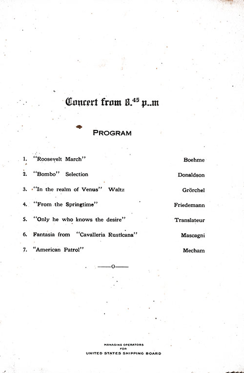 Music Concert Program Included With a Dinner Menu From Wednesday, 24 October 1923 on Board the SS President Arthur of the United States Lines.