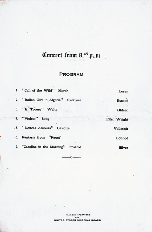 Music Concert Program Included with a Dinner Menu Card From Thursday, 25 October 1923 on Board the SS President Arthur of the United States Lines.