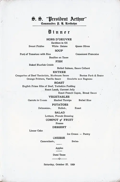 Menu Items, Dinner Menu From Saturday, 27 October 1923 on Board the SS President Arthur of the United States Lines.