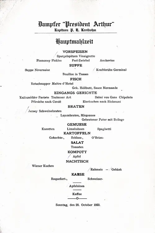 Menu Items in German, Vintage Dinner Menu From Sunday, 28 October 1923 on Board the SS President Arthur of the United States Lines.